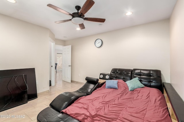 tiled bedroom featuring recessed lighting and ceiling fan