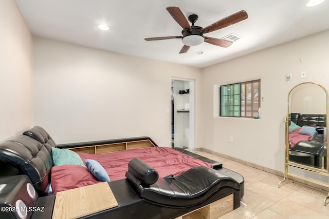 bedroom featuring recessed lighting, tile patterned flooring, and ceiling fan