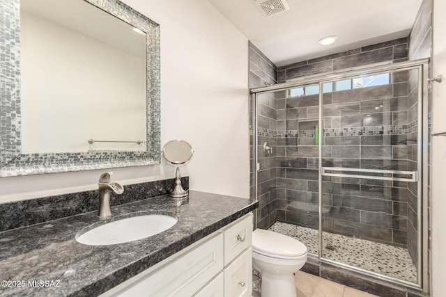 full bathroom featuring a stall shower, toilet, and vanity