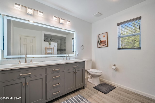 14570 S Sumac Dr, Sahuarita, AZ 85629 - bathroom featuring baseboards, toilet, wood finished floors, and double vanity