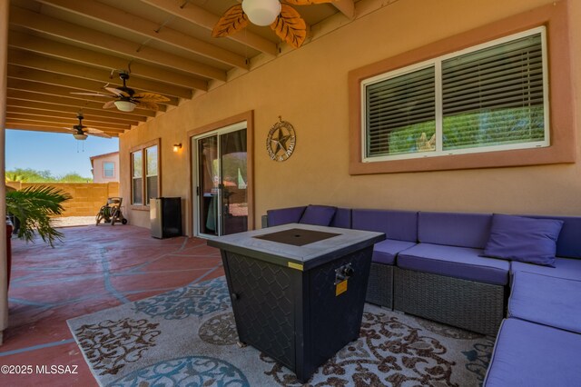 14570 S Sumac Dr, Sahuarita, AZ 85629 - view of patio / terrace featuring outdoor lounge area, ceiling fan, and fence