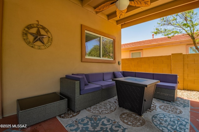 14570 S Sumac Dr, Sahuarita, AZ 85629 - view of patio / terrace with an outdoor hangout area, ceiling fan, and fence