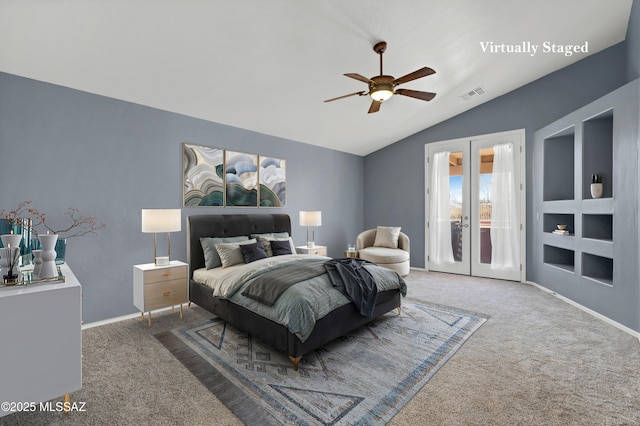 14024 E Fairway Bluff Ct, Vail, AZ 85641 - carpeted bedroom with vaulted ceiling, french doors, baseboards, access to exterior, and ceiling fan