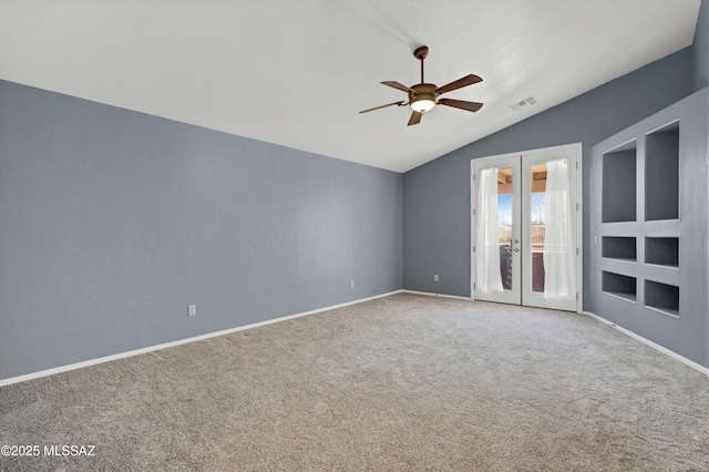 14024 E Fairway Bluff Ct, Vail, AZ 85641 - carpeted empty room featuring ceiling fan, french doors, lofted ceiling, and baseboards