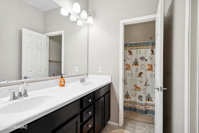 9693 N Melandra Way, Marana, AZ 85653 - bathroom with double vanity, tile patterned floors, and a shower with shower curtain