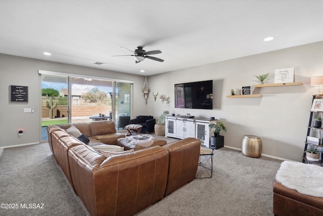 9693 N Melandra Way, Marana, AZ 85653 - carpeted living room featuring baseboards, a ceiling fan, and recessed lighting