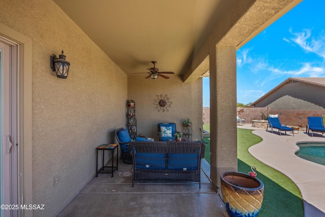2108 W Moon Milk St, Benson, AZ 85602 - view of patio / terrace featuring a fenced backyard, a ceiling fan, and outdoor lounge area