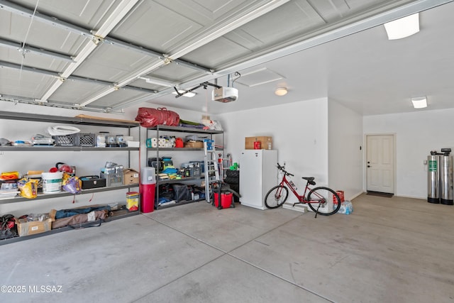 2108 W Moon Milk St, Benson, AZ 85602 - garage with a garage door opener, freestanding refrigerator, and water heater