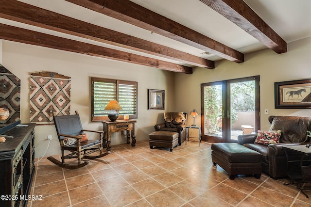 124 Circulo Vespucci, Tubac, AZ 85646 - living room with beamed ceiling, healthy amount of natural light, light tile patterned flooring, and french doors