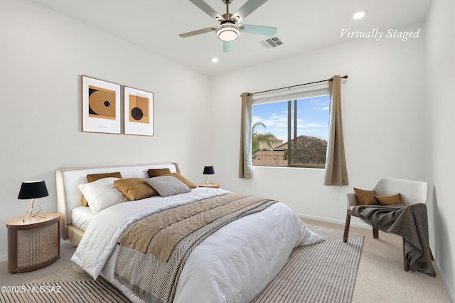 12513 Denton Way, Marana, AZ 85653 - bedroom with carpet flooring, recessed lighting, baseboards, and a ceiling fan