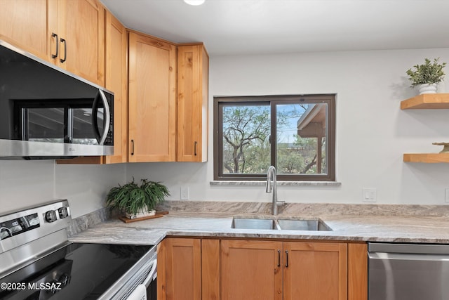 1241 W Cananea Cir, Tucson, AZ 85704 - kitchen with stainless steel appliances, open shelves, a sink, and light stone countertops