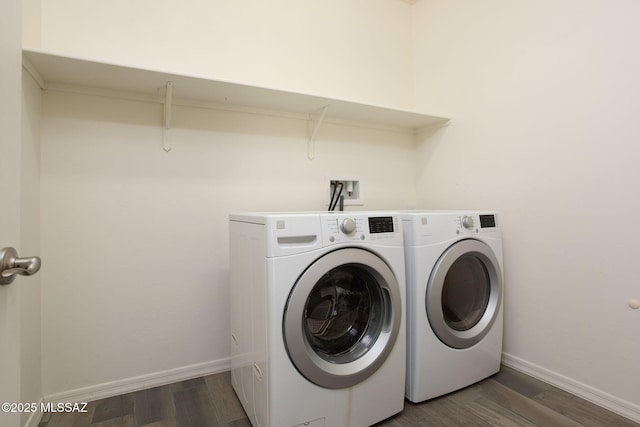 8040 N Desert Gum Dr, Tucson, AZ 85741 - laundry room with washing machine and dryer, baseboards, and dark wood-style flooring