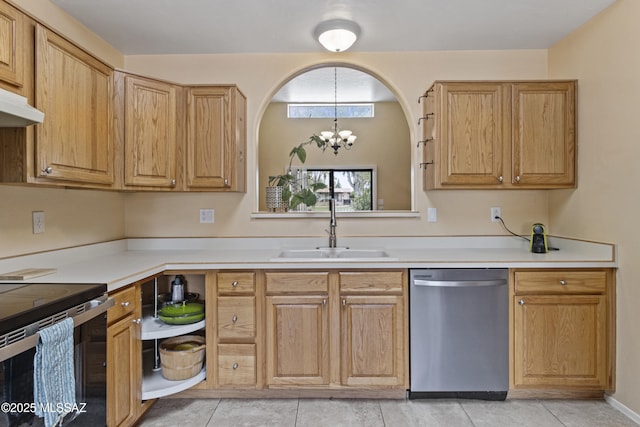 140 E Paseo De Golf, Green Valley, AZ 85614 - kitchen with stainless steel dishwasher, a sink, range with electric cooktop, a chandelier, and light tile patterned flooring