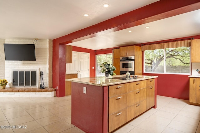 3600 N Hash Knife Cir, Tucson, AZ 85749 - kitchen featuring stainless steel oven, light stone countertops, open floor plan, light tile patterned flooring, and recessed lighting