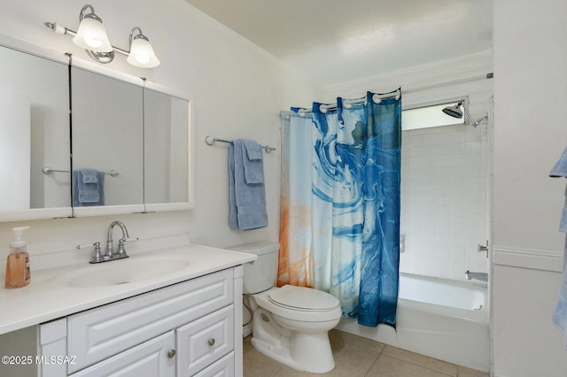 3600 N Hash Knife Cir, Tucson, AZ 85749 - bathroom featuring tile patterned floors, vanity, toilet, and shower / tub combo with curtain
