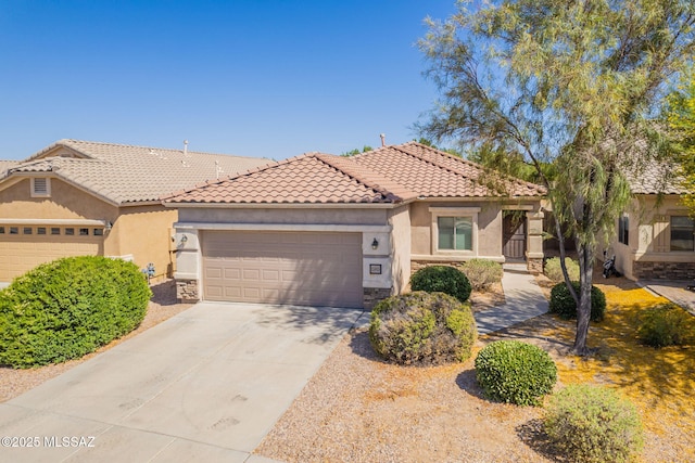 15815 S Via Cayetano, Sahuarita, AZ 85629 - mediterranean / spanish-style house with stucco siding, a garage, stone siding, driveway, and a tile roof