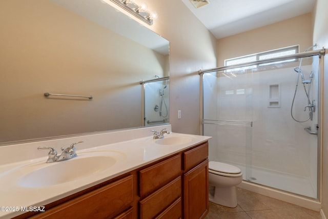 15815 S Via Cayetano, Sahuarita, AZ 85629 - bathroom featuring a stall shower, tile patterned flooring, toilet, and double vanity