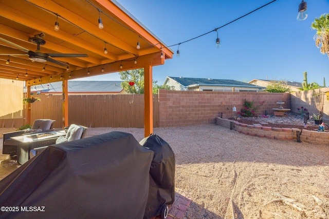 2804 W Camino Ebano, Tucson, AZ 85742 - view of patio / terrace featuring a fenced backyard, a ceiling fan, and grilling area