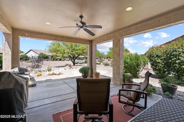 59962 E Arroyo Grande Dr, Oracle, AZ 85623 - view of patio / terrace with a ceiling fan and grilling area