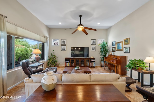 59962 E Arroyo Grande Dr, Oracle, AZ 85623 - living room featuring a ceiling fan, baseboards, and recessed lighting