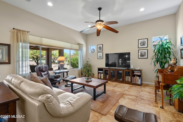 59962 E Arroyo Grande Dr, Oracle, AZ 85623 - living room featuring a ceiling fan, recessed lighting, and baseboards