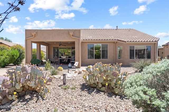 59962 E Arroyo Grande Dr, Oracle, AZ 85623 - rear view of property with ceiling fan, stucco siding, a patio, and a tile roof
