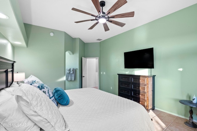 8183 N Sombrero Point Dr, Tucson, AZ 85743 - tiled bedroom featuring ceiling fan and baseboards