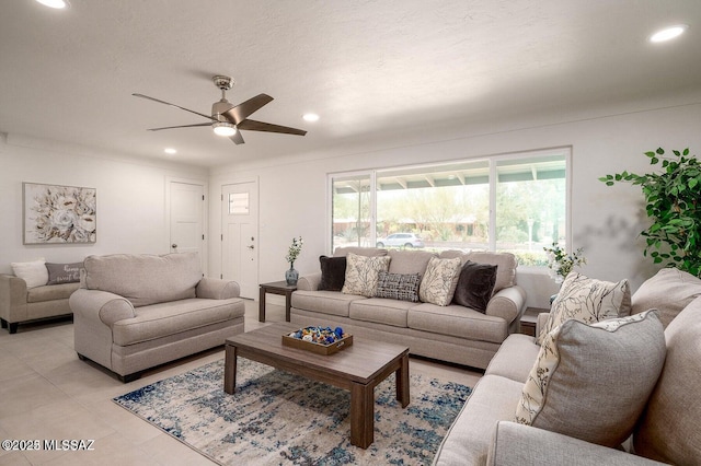 3409 E Linden St, Tucson, AZ 85716 - living room featuring a ceiling fan, recessed lighting, and light tile patterned flooring