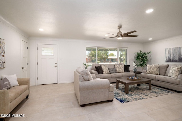 3409 E Linden St, Tucson, AZ 85716 - living room featuring a ceiling fan, recessed lighting, and light tile patterned floors