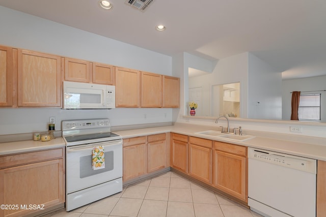 5590 W Acacia Blossom Pl, Marana, AZ 85658 - kitchen with white appliances, a sink, light brown cabinetry, and recessed lighting