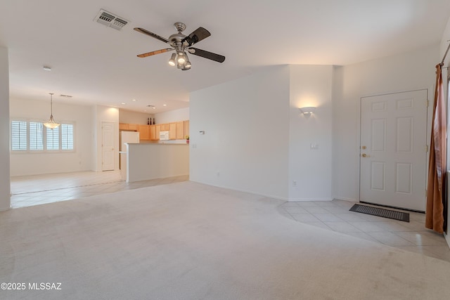 5590 W Acacia Blossom Pl, Marana, AZ 85658 - unfurnished living room featuring light colored carpet, ceiling fan, light tile patterned floors, recessed lighting, and baseboards