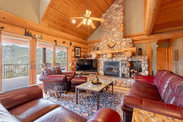 12709 N Casa Grande Ave, Mount Lemmon, AZ 85619 - living room featuring high vaulted ceiling, wood ceiling, ceiling fan, and rustic walls
