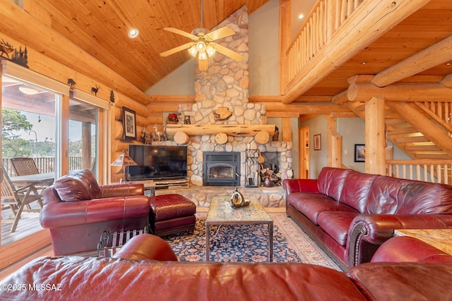 12709 N Casa Grande Ave, Mount Lemmon, AZ 85619 - living room with high vaulted ceiling, rustic walls, a ceiling fan, wood finished floors, and wood ceiling