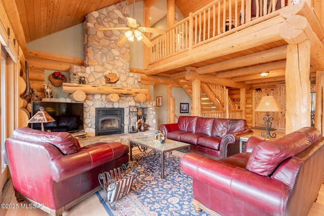 12709 N Casa Grande Ave, Mount Lemmon, AZ 85619 - living room featuring high vaulted ceiling, rustic walls, wood finished floors, wooden ceiling, and a ceiling fan