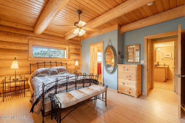 12709 N Casa Grande Ave, Mount Lemmon, AZ 85619 - bedroom with wood ceiling, rustic walls, beam ceiling, and hardwood / wood-style floors