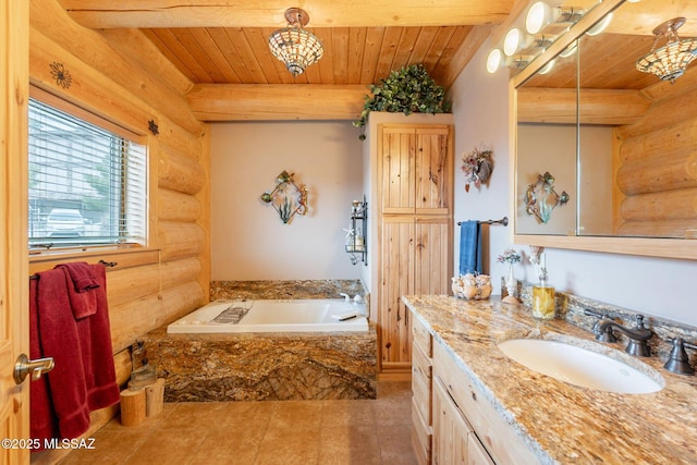 12709 N Casa Grande Ave, Mount Lemmon, AZ 85619 - full bathroom with log walls, wood ceiling, vanity, a garden tub, and beam ceiling