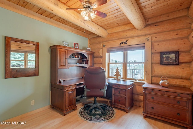 12709 N Casa Grande Ave, Mount Lemmon, AZ 85619 - office with log walls, wood ceiling, light wood-style floors, healthy amount of natural light, and a ceiling fan