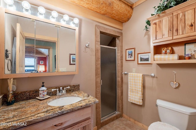 12709 N Casa Grande Ave, Mount Lemmon, AZ 85619 - bathroom with a stall shower, toilet, vanity, and baseboards