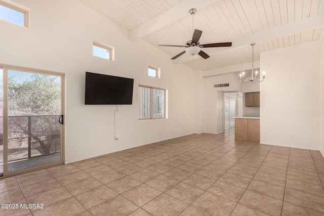 2525 N Alvernon Way Unit F8, Tucson, AZ 85712 - unfurnished living room with a chandelier, high vaulted ceiling, wooden ceiling, beamed ceiling, and a ceiling fan