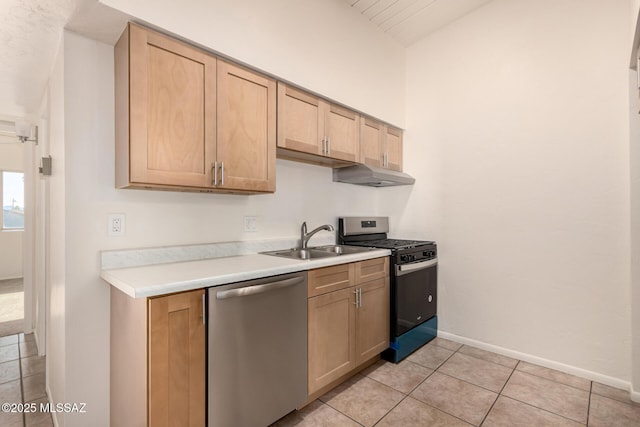 2525 N Alvernon Way Unit F8, Tucson, AZ 85712 - kitchen with appliances with stainless steel finishes, a sink, lofted ceiling, under cabinet range hood, and light countertops
