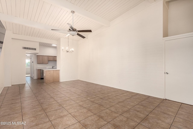 2525 N Alvernon Way Unit F8, Tucson, AZ 85712 - unfurnished living room featuring a ceiling fan, a chandelier, light tile patterned floors, and wood ceiling