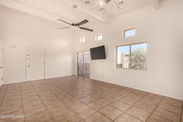 2525 N Alvernon Way Unit F8, Tucson, AZ 85712 - unfurnished room with a towering ceiling, beamed ceiling, a ceiling fan, wooden ceiling, and a chandelier