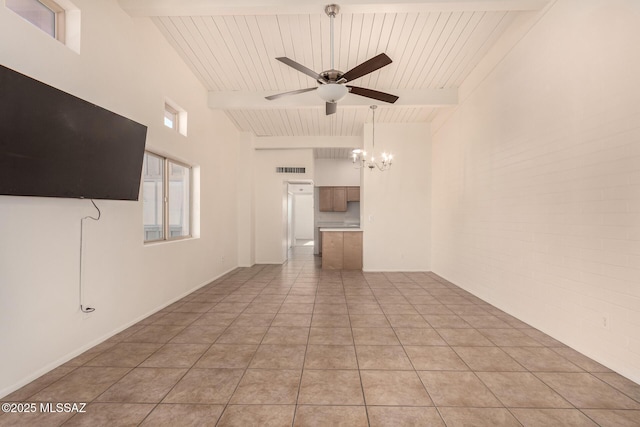 2525 N Alvernon Way Unit F8, Tucson, AZ 85712 - unfurnished living room featuring a chandelier, ceiling fan, beam ceiling, wooden ceiling, and light tile patterned flooring