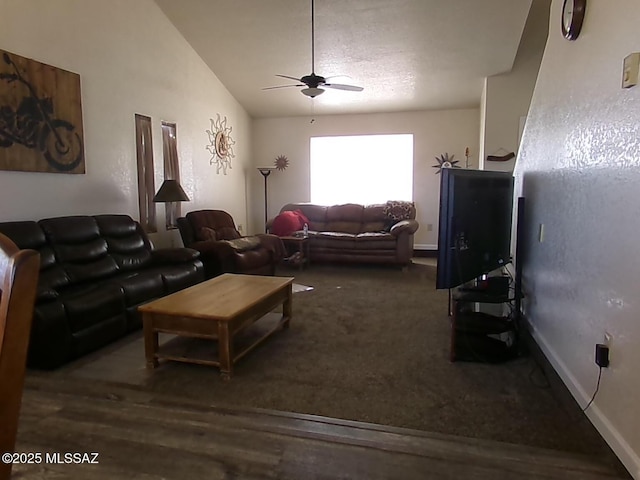 2474 W Victoria Ln, Willcox, AZ 85643 - carpeted living room featuring a ceiling fan, lofted ceiling, and baseboards