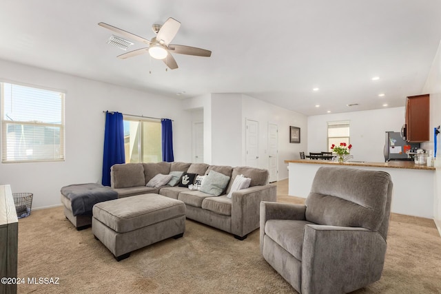6210 S Open Desert Pl, Tucson, AZ 85706 - living room featuring light colored carpet, a ceiling fan, and recessed lighting