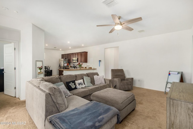 6210 S Open Desert Pl, Tucson, AZ 85706 - living room featuring light colored carpet, a ceiling fan, and recessed lighting