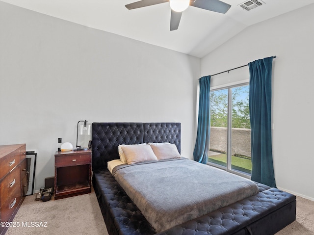 4801 E Canary Grass Dr, Tucson, AZ 85756 - bedroom featuring light colored carpet, lofted ceiling, access to outside, ceiling fan, and baseboards