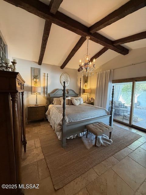 7774 E Cleary Way, Tucson, AZ 85715 - bedroom featuring stone tile flooring, access to exterior, and a chandelier