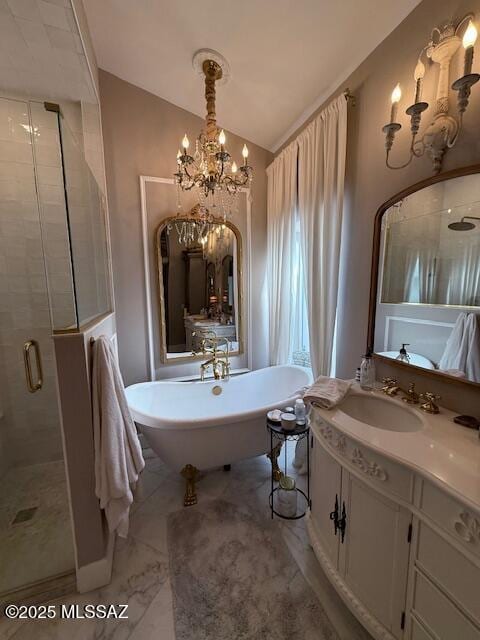7774 E Cleary Way, Tucson, AZ 85715 - bathroom featuring a stall shower, a freestanding tub, vanity, a chandelier, and lofted ceiling
