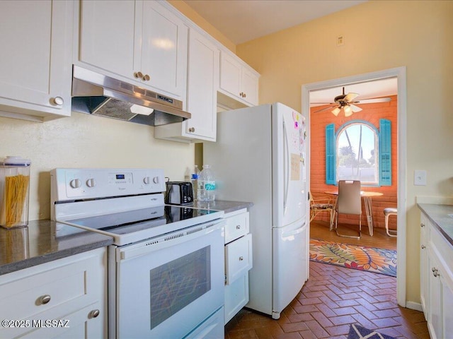 641 W Las Lomitas Rd, Tucson, AZ 85704 - kitchen featuring white appliances, under cabinet range hood, white cabinetry, a ceiling fan, and brick flooring